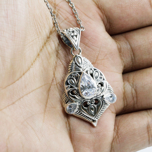 antique pendant necklace 925 sterling silver decorated with genuine white zirconia and filigree ornament