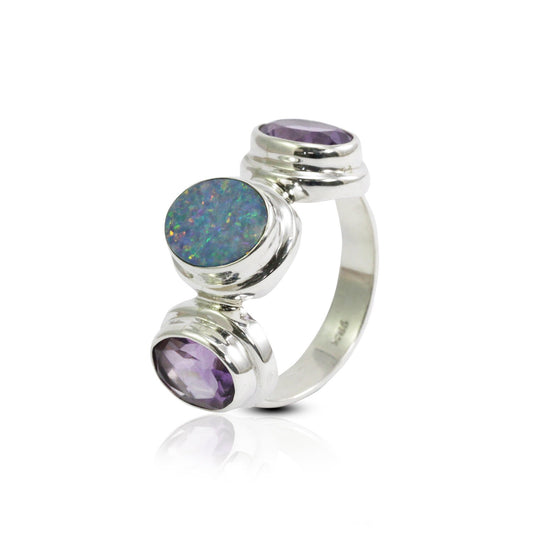 Opal ring 925 sterling silver with genuine amethyst in bezel set