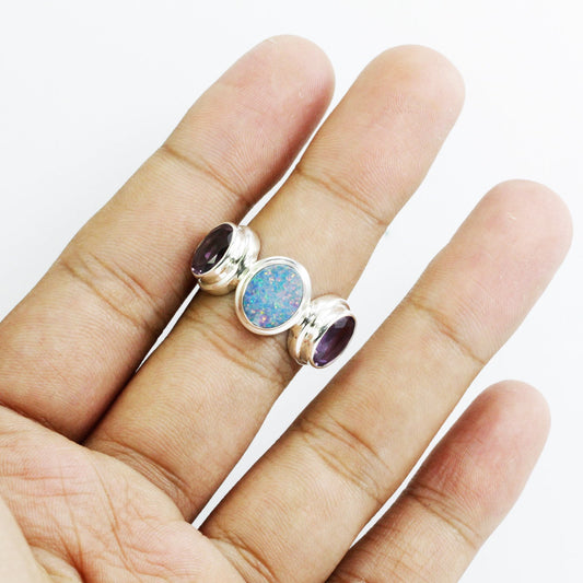 Opal ring 925 sterling silver with genuine amethyst in bezel set