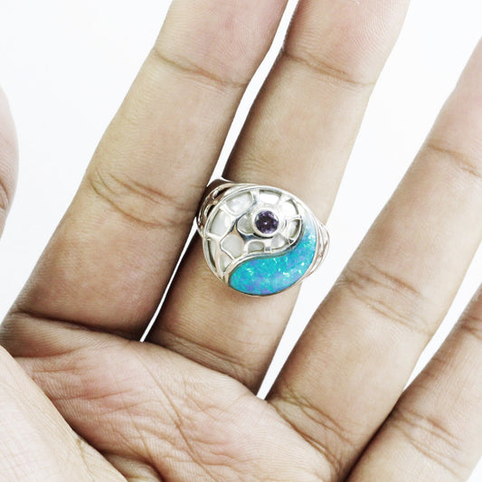 blue opal ring 925 sterling silver with genuine amethyst and white shell