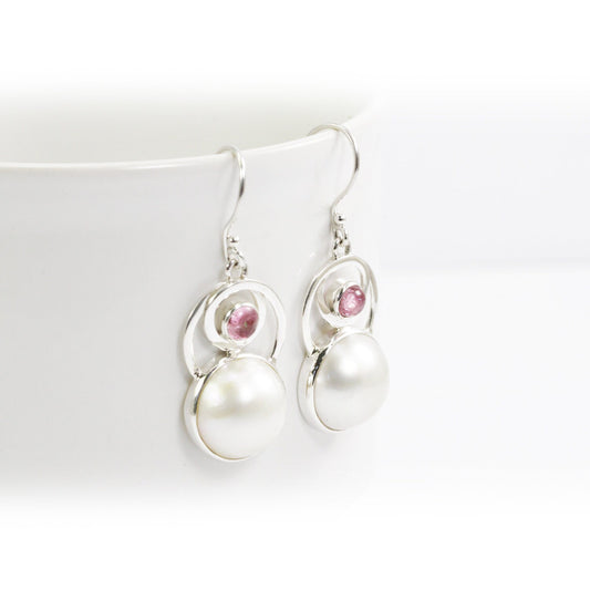 mabe pearl stud earrings set in 925 sterling silver with genuine pink tourmaline and circle bezel set