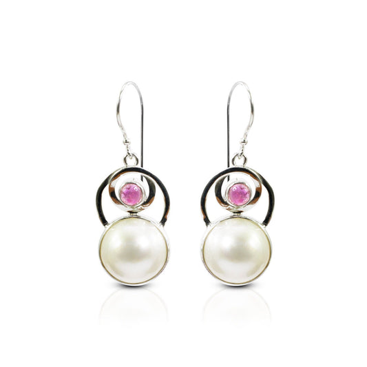 mabe pearl stud earrings set in 925 sterling silver with genuine pink tourmaline and circle bezel set