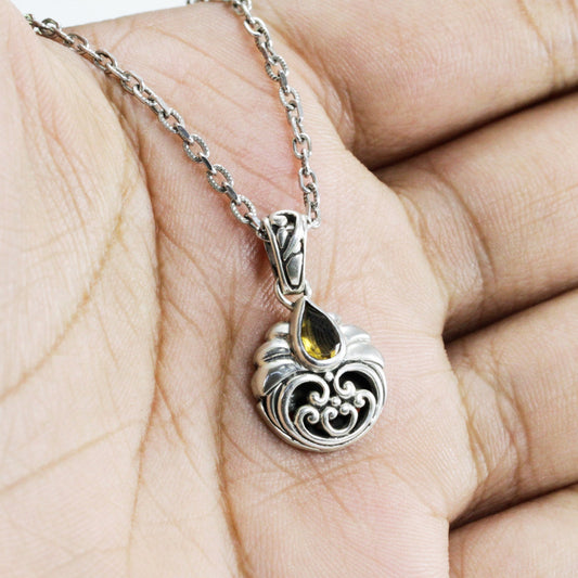 yellow citrine necklace pendant set in 925 sterling silver decorated with beautiful filigree ornament