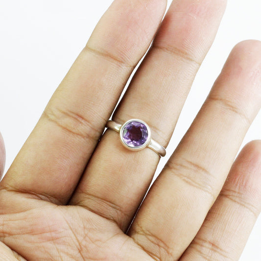 solitaire ring for women 8 mm round amethyst in handmade bezel  925 sterling silver