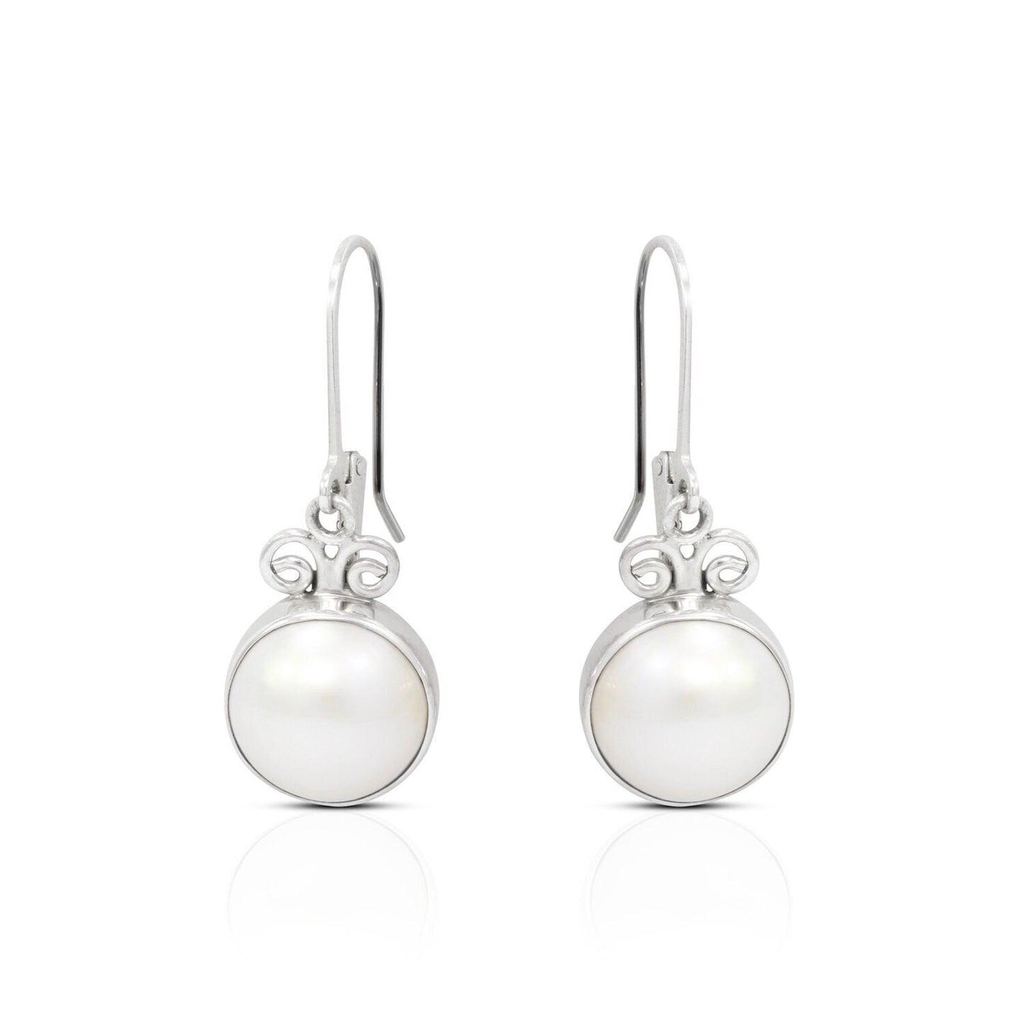 White mabe pearl earrings 925 sterling silver decorated with swirl filigree