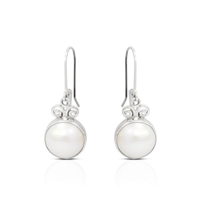 White mabe pearl earrings 925 sterling silver decorated with swirl filigree