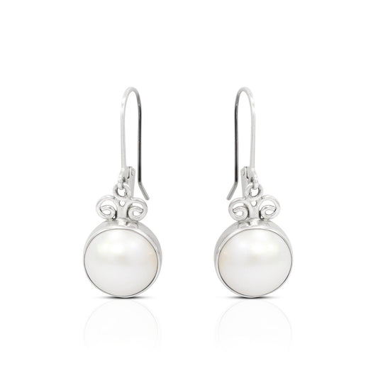 White mabe pearl earrings 925 sterling silver decorated with swirl filigree