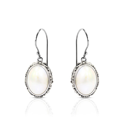 oval white mabe pearl earrings 925 sterling silver decorated with woven ornament bezel