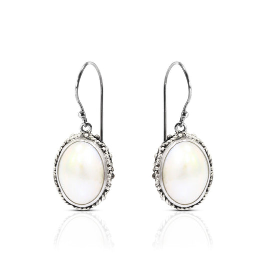 oval white mabe pearl earrings 925 sterling silver decorated with woven ornament bezel