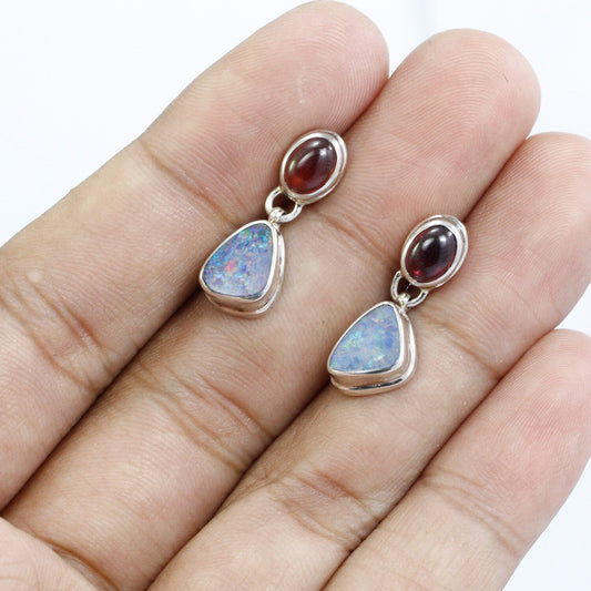 Australian Opal stud earrings with genuine garnet double bezel set in 925 sterling silver