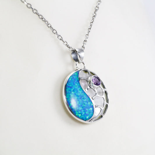 yin and yang inspired pendant necklace 925 sterling silver with created opal and genuine amethyst