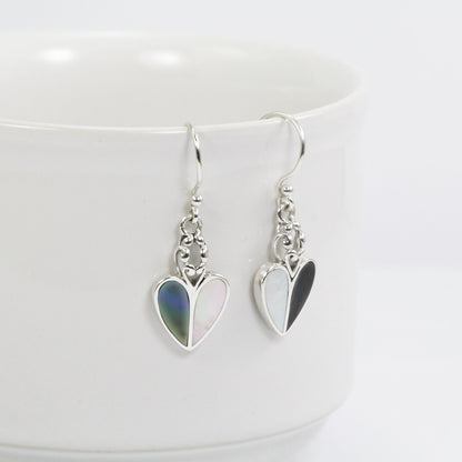 heart shape earrings 925 sterling silver with black and white shell