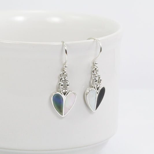 heart shape earrings 925 sterling silver with black and white shell