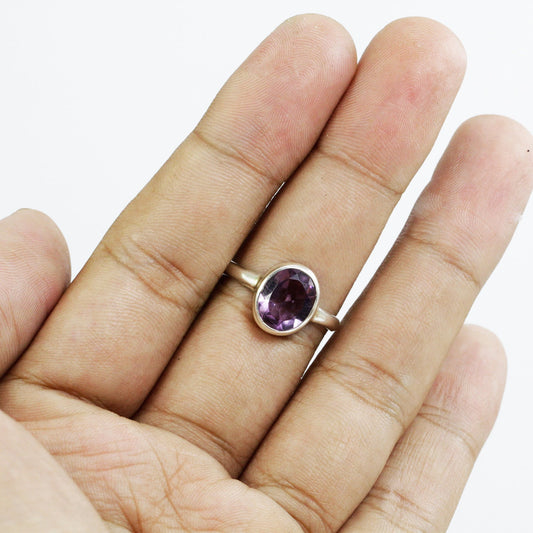 925 sterling silver ring with genuine Brazilian amethyst, solitaire ring with amethyst bezel set