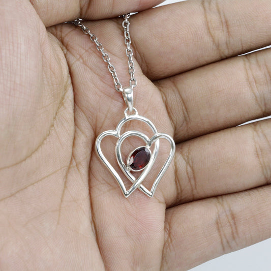 red Garnet pendant necklace set in 925 sterling silver heart shape
