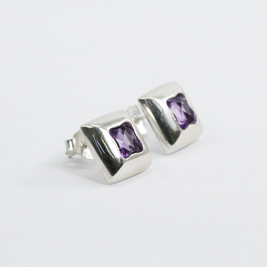 amethyst stud earrings set in 925 sterling silver square shape fancy brilliant cut