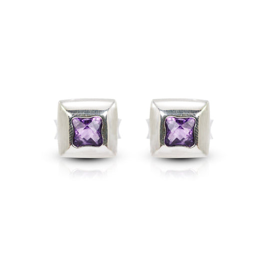 amethyst stud earrings set in 925 sterling silver square shape fancy brilliant cut