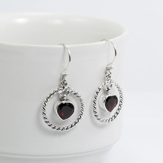 red garnet earrings 925 sterling silver with circle cable style