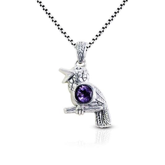 Bird pendant necklace 925 sterling silver with genuine amethyst