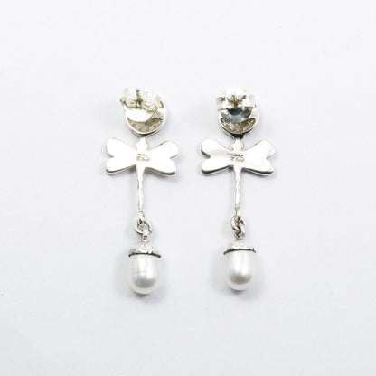 dragonfly earrings with pave setting and freshwater pearl set in 925 sterling silver