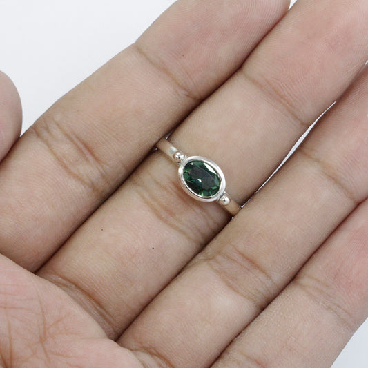 green quarts crystal ring 925 sterling silver, solitaire ring with green crystal