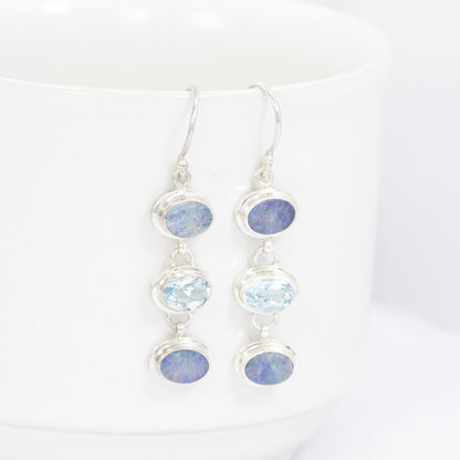 blue opal earrings 925 sterling silver dangle drop combined with genuine blue topaz
