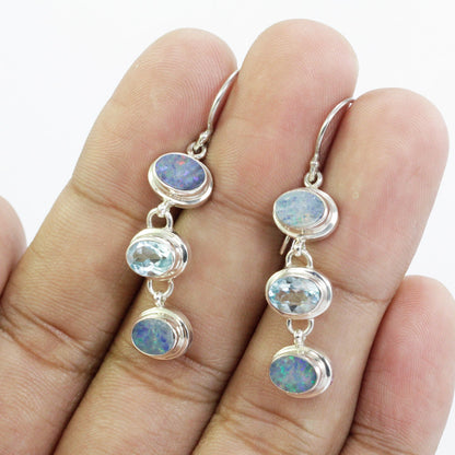 blue opal earrings 925 sterling silver dangle drop combined with genuine blue topaz