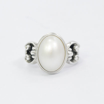 oval pearl ring 925 sterling silver decorated with swirl filigree ornament bezel setting