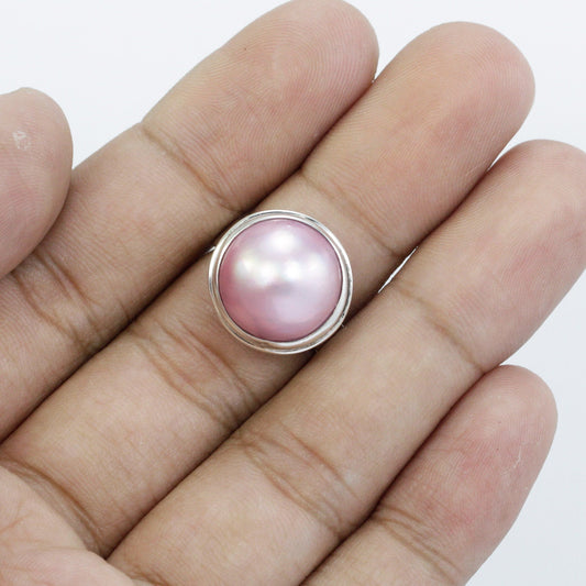 pink pearl ring set in 925 sterling silver handmade bezel, genuine pink mabe pearl ring