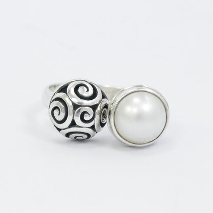 Bypass pearl ring 925 sterling silver, fresh water pearl ring, filigree ring