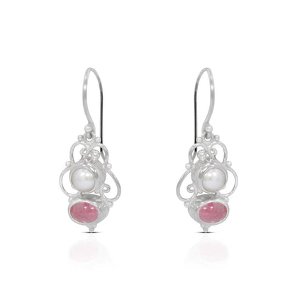 pink tourmaline earrings 925 sterling silver with genuine freshwater pearl and filigree ornament