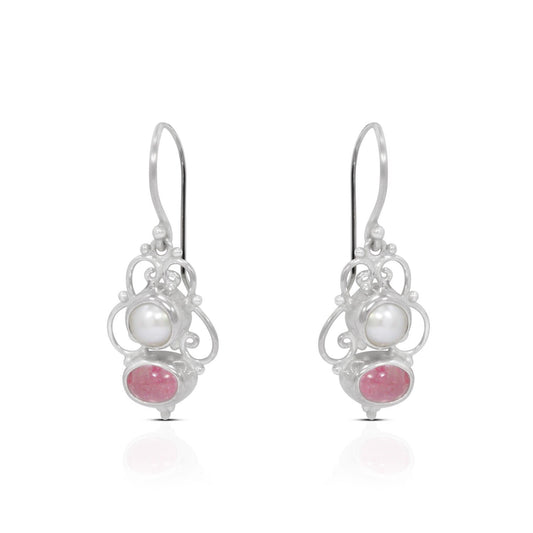 pink tourmaline earrings 925 sterling silver with genuine freshwater pearl and filigree ornament
