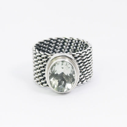 Green Amethyst ring 925 sterling silver With woven chain bezel
