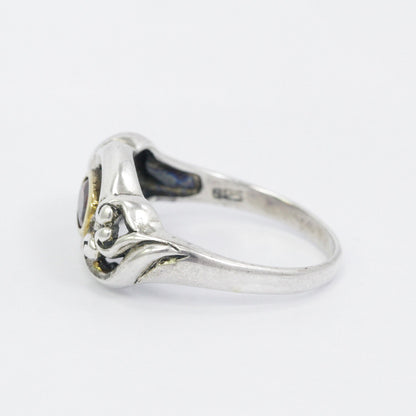 red garnet ring 925 sterling silver decorated with gold bezel and swirl filigree ornament