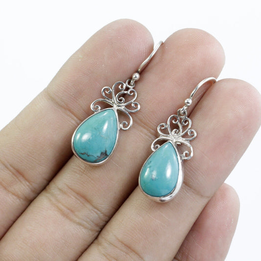 Teardrop Turquoise Earrings 925 Sterling Silver Decorated with Handmade Filigree Bezel