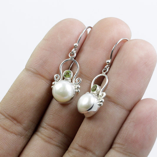pearl earrings 925 sterling silver with genuine green peridot in bezel set