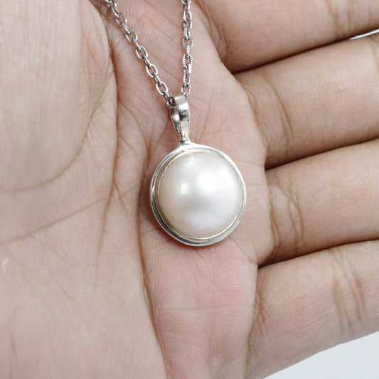 Mabe pearl pendant 925 sterling silver with double bezel setting 15 mm round mabe pearl