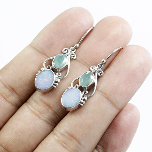 emerald earrings dangle set in 925 sterling silver with genuine fire opal