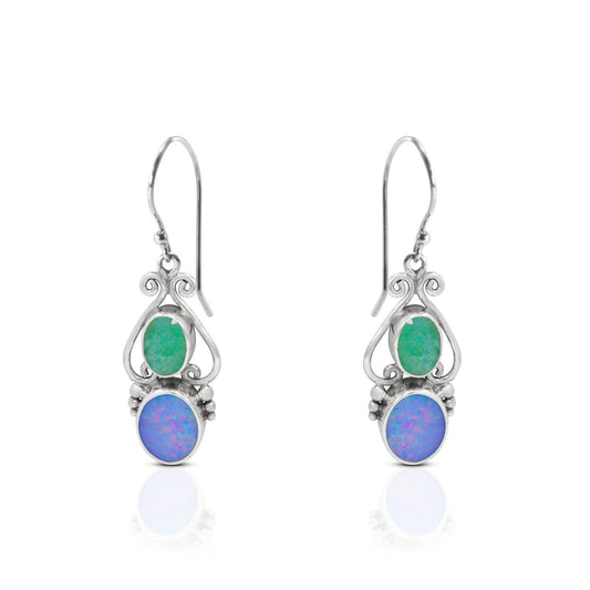 emerald earrings dangle set in 925 sterling silver with genuine fire opal