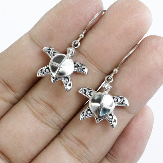 silver turtle earrings 925 sterling silver decorated with black shell