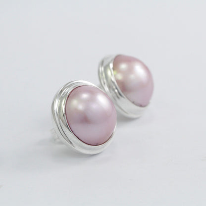 Pink mabe Pearl Earrings 925 Sterling Silver 15 mm wide with Double Bezel handmade Setting
