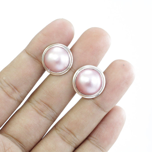 Pink mabe Pearl Earrings 925 Sterling Silver 15 mm wide with Double Bezel handmade Setting
