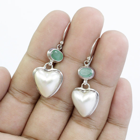 emerald earrings with genuine heart shape mabe pearl set in 925 sterling silver handmade bezel set