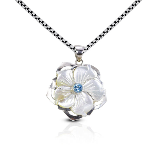 flower necklace pendant dangle set in 925 sterling silver with genuine blue topaz and natural white shell