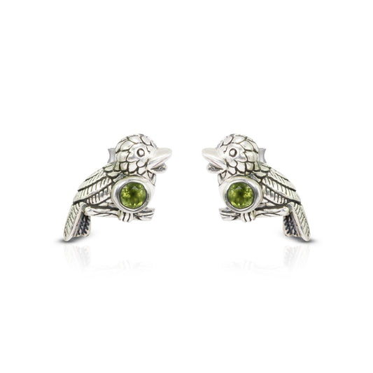silver bird earrings stud 925 sterling silver with genuine green peridot