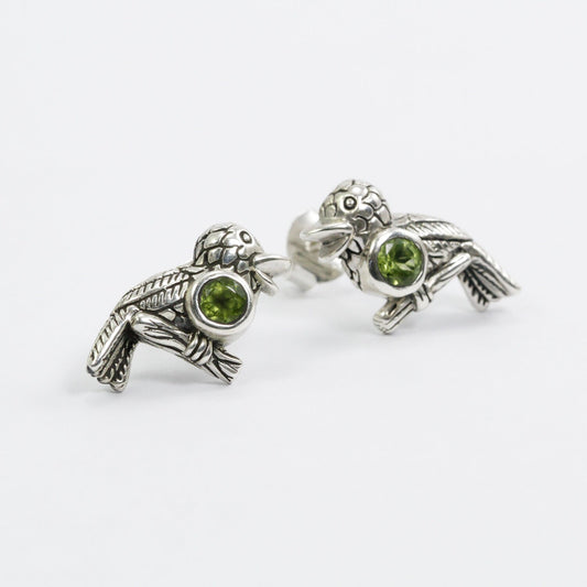silver bird earrings stud 925 sterling silver with genuine green peridot