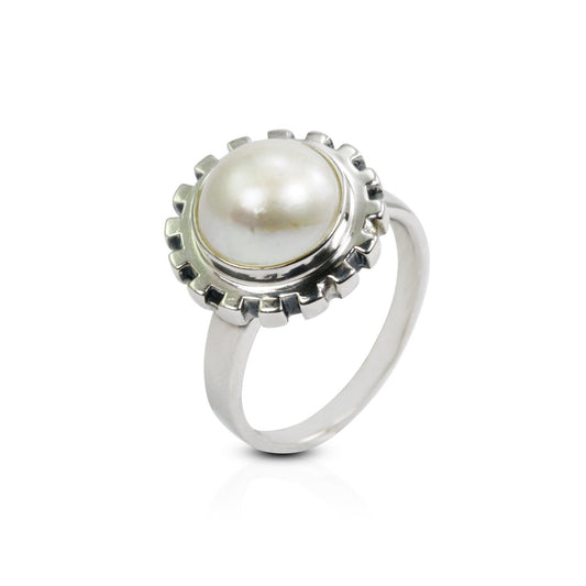 mabe pearl ring set in 925 sterling silver with gear shape bezel