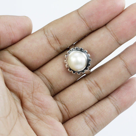 mabe pearl ring set in 925 sterling silver with gear shape bezel