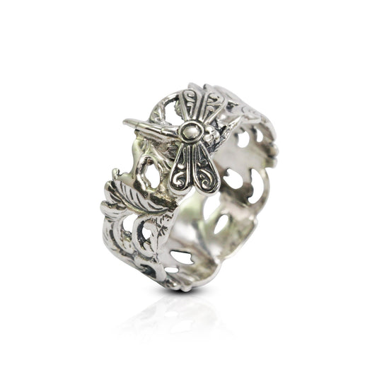 Wide band ring 925 sterling silver with floral ornament and dragonfly