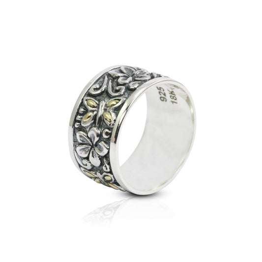 Wide band ring 925 sterling silver and 18K gold with flower ornament and dragonfly